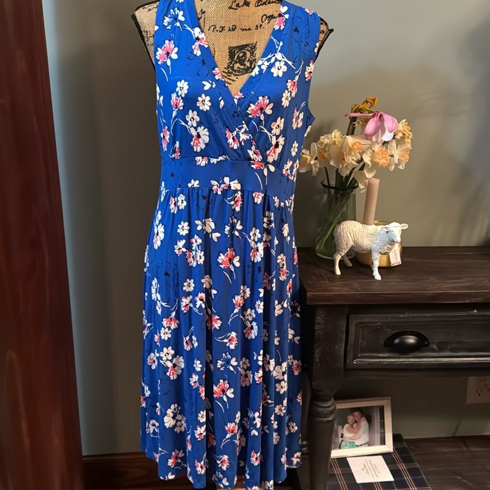 L.L. Bean Floral Blue Sleeveless Dress. Size Large. NWT.